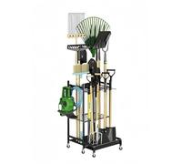 Wheeled garden tool storage rack with hooks Outdoor household storage rack Iron garden tool rack Suitable for storage sheds Brooms, rakes, shovels and other gardening tools