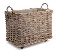 Wheeled Rattan Hessian Lined Log Basket - Small