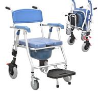 Wheeled Shower Chair 3-in-1 Commode Toilet Chair with Wheels | Bathroom Shower Chairs for Elderly Disabled, Waterproof Bedside Commode Chair with Removable Bucket (Blue, 90X63X55cm)