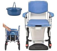 Wheeled Shower Chair 3-in-1 Commode Toilet Chair with Wheels | Bathroom Shower Chairs for Elderly Disabled, Waterproof Bedside Commode Chair with Removable Bucket (Blue, 92X94X50cm)