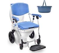 Wheeled Shower Chair and Bedside Commode, Portable Foldable Mobile Toilet with Removable Bucket, Commode Transport Chair for Toilet with and Backrest for Disabled and Seniors (Blue, A)