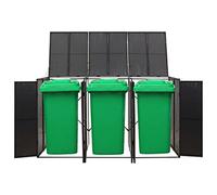 Wheelie Bin Box for 3 Bins, Black, Made of Poly Rattan with Powder-Coated Steel Frame, 207 x 80 x 117 cm, Lockable Doors and Lids for Garden, Patio and Outdoor Use
