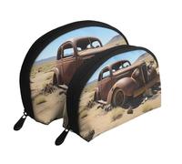 Wheels Abandoned In The Desert Portable Shell Makeup Bag Set (2 Pieces), Zippered Travel Toiletry Bag For Cosmetics