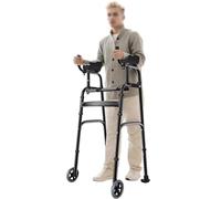 Wheels Walking Frame with Removable Armrests, Folding Stand Up Walker for Seniors, Mobility Upright Rollator