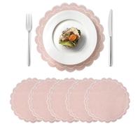 Whemyreat 6 Sets Cotton Linen Placemats, Luxury Round Linen Placemats with Double Layered Scalloped Embroidered Edges, Washable Wrinkle Resistance Fabric Placemat Pink for Restaurant Kitchen, 13inch