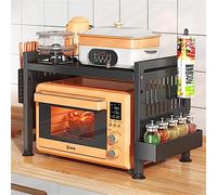 Whemyreat Extendable Microwave Oven Rack,Carbon Steel Microwave Shelf,1 Tier Adjustable Microwave Stand with Spice Organizer,Tableware Storage Stand Organizer with 6 Hooks,Counter Shelf (1 Tier)