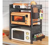 Whemyreat Extendable Microwave Oven Rack,Carbon Steel Microwave Shelf,1 Tier Adjustable Microwave Stand with Spice Organizer,Tableware Storage Stand Organizer with 6 Hooks,Counter Shelf (2 Tier)