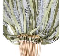 Whemyreat Pack of 50 Green Wedding Walls with Bell, Romantic Lace Sticks with Wedding Ribbons, Magic Wands Wedding Streamers, Guest Gifts, Silk Fairy Stick, for Weddings, Holiday Parties, Parties