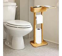 Whemyreat Toilet Roll Holder Stand,4-In-1 Toilet Paper Holder With Storage Shelf Box,Bamboo Toilet Roll Holder Free-Standing,Toilet Tissue Paper Roll,Toilet Wipe Dispenser Organizer,9.8x7.9x25.4"