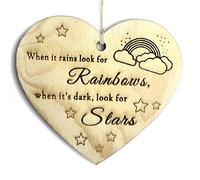 When it Rains Look For Rainbow Wooden Hanging Heart Plaque Positive Gift for Your Friend Heart Wooden Sign Friendship Quote Motivation Gift