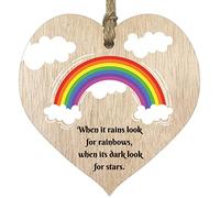 When it Rains Look for Rainbows Hanging Light Wood Wooden Heart Sign Plaque, Ladies Bestfriend Birthday Gifts for Her, Positive Inspirational Gift, Best Friend Cheer Up Friendship Gifts for Women