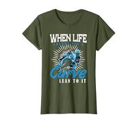 When Life Throws You A Curve Lean Into It Motorcycle T-Shirt, Women, Olive Green, XX-Large
