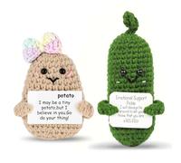 WHENZOO Emotional Support Pickle & Funny Bowknot Potato, 2PCS Pocket Hug Dolls Set with Positive Cards, Cute Knitted Desktop Decor, Good Luck Gifts for Adults Kids Friends Colleagues Graduation