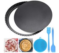 WHENZOO Quiche Pan, 22cm/8.7in Carbon Steel Loose Bottom Pie Tin, Fluted Tart Tin, Flan Case Tin with 3 Silicone Tools Removable Non-Stick Coating, Baking Tart Pan for Tarts Mousse Cake Pie Quiche