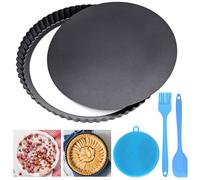 WHENZOO Quiche Pan, 24cm/9 in Carbon Steel Loose Bottom Pie Tin, Fluted Tart Tin, Flan Case Tin with 3 Silicone Tools Removable Non-Stick Coating, Baking Tart Pan for Tarts Mousse Cake Pie Quiche