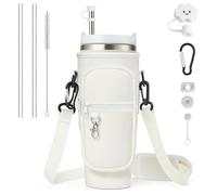 WHENZOO Water Bottle Carrier - Adjustable Pouch for 40oz Stanley Cup, 2 Straws, Straw Brush, Leak Proof Stopper, Carabiner Clip (Vanilla White)
