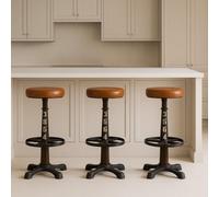 Where Saints Go Ltd Singer Tan Leather Bar Stool, 75Cm, Round Seat, Cast Iron Base By Where Saints Go