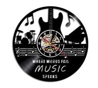 Where Words Fail Music Speaks Musical Quote Wall Art Vinyl Record Wall Clock Guitar Decorative LP Clock Rock n Roll Music Gift Without LED