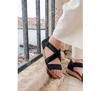Where's That From Hummingbird Wide Fit Low Wedge Sandals with Cross Over Strap in Black Suede Black