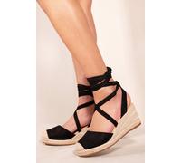Where's That From 'juniper' Low Wedge Espadrille Sandals With Lace Up Detail In Black Black 7