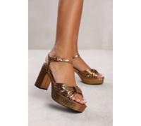 Where's That From 'madon' Wide Fit Mid Block Heel With Plaftorm And Bow Detailing In Gold Gold 8E