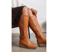 Where's That From 'regina' Faux Leather Knee High Wedge Boots With Strap And Buckle In Tan Tan 6