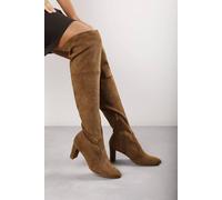 Where's That From Women's 'Sonya' Suede Block Heel Over The Knee Boots in Khaki | Size: 7 Where's That From Khaki 7