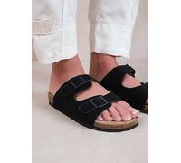 Where's That From Willow Black Nubuck Two Strap Buckle Flat Sandals Black