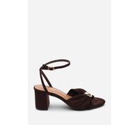 Where's That From Women's Bluebird Block Heel Ruched Buckle Suede Sandal in Dark Brown | Size: 5 Where's That From Dark Brown 5