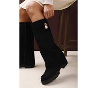 Where's That From Women's 'Brescia' Fold Over Knee High Chunky Sole Boots in True Black | Size: 6