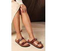 Where's That From Women's 'Delora' Double Buckle Strap Detail Flatform Footbed Sandals in Tan | Size: 6