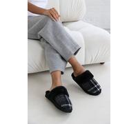 Where's That From Women's 'Jemima' Tartan Mule Slippers with Faux Fur Trim in Black | Size: 4 Where's That From Black 4