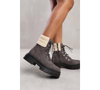 Where's That From Women's 'Kaia' Lace Up Ankle Boot With Sherpa Trim & Chunky Sole in Grey | Size: 4