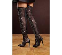 Where's That From Women's 'Korra' Over The Knee Mesh Stiletto Heel Boots Diamante Embellishment in Black | Size: 3 Where's That From Black 3