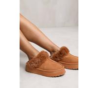 Where's That From Women's 'Lilah' Slide On Slipper With Faux Fur Lining Flat in Camel | Size: 3
