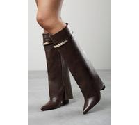 Where's That From Women's Nareva Fold Over Shark Block Heel Point Toe Boots With Trim Detail in Brown | Size: 4