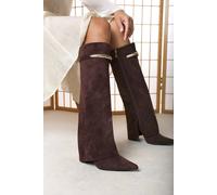 Where's That From Women's Nareva Fold Over Shark Block Heel Point Toe Boots With Trim Detail in Dark Brown | Size: 9