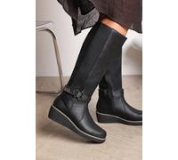 Where's That From 'regina' Faux Leather Knee High Wedge Boots With Strap And Buckle In Black Black 7