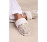 Where's That From Women's 'Snuggle' Slip On Sequin Slippers With Fur Trim in Beige | Size: 4 Where's That From Beige 4