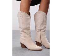 Where's That From Women's Yasmine Calf Cowboy Boots Block Heel Western Embroidered in Beige | Size: 7 Where's That From Beige 7