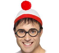 Smiffys Where's Wally Instant Kit, Adults Red & White Hat & Glasses, Official License Kit with Classic Hat & Signature Glasses, Perfect for a Themed Parties or World Book Day or Halloween