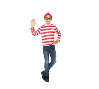 Smiffys Where's Wally Instant Kit, Childrens Red & White Top, Hat & Glasses, Official License Kit with Iconic Logo, Perfect for Themed Parties or World Book Day or Halloween