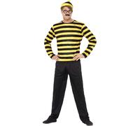 Smiffys Where's Wally Odlaw Costume, Adults Black & Yellow Top, Trousers, and accessories, Official License Outfit for a Classic Look, Perfect for a Themed Parties or World Book Day or Halloween