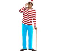 Smiffys Where's Wally Costume, Adults Red & White Top, Trousers, Hat & Glasses, Official License Outfit with Elasticated Trouser Waist, Perfect for Themed Parties or World Book Day or Halloween