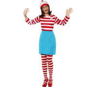 Smiffys Where's Wally Wenda Costume, Adults Red & White Top, Skirt, Hat, Tights & Glasses, Iconic Bobble Hat & Elasticated Skirt, Perfect for a Themed Parties or World Book Day or Halloween