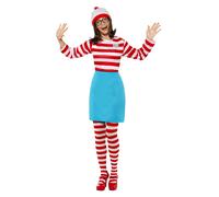 Smiffys Where's Wally Wenda Costume, Adults Red & White Top, Skirt, Hat, Tights & Glasses, Iconic Bobble Hat & Elasticated Skirt, Perfect for a Themed Parties or World Book Day or Halloween