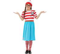 Smiffys Where's Wally Wenda Deluxe Costume, Kids Red & White Dress, Hat, Tights & Glasses, Iconic Outfit with 3D Print, Perfect for a Themed Parties or World Book Day or Halloween