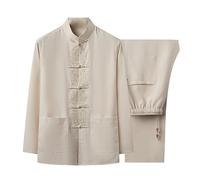 WHESAZYP Chinese Traditional Mens Kung Fu Jacket Embroidered Tang Suit Linen Trousers M-4XL (Beige L)
