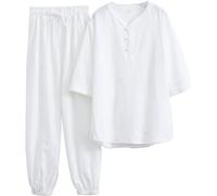WHESAZYP Tai Chi Suits Tai Chi Clothing Women Kung Fu Uniform Cotton Linen Martial Arts Set Short Sleeve Pants Zen Meditation Uniform,Tang Suit Chinese Traditional Clothes (White 4XL)