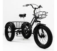 WhFKLca Fat Tire Tricycles with Shopping Basket for adults, 20" 3 Wheels Cruise Bicycles, Carbon Steel Frame, 7 Speed Three-Wheeled Bicycle For Daily Riding, Shopping & Home Carrying Goods,Black